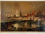 peinture d'une vue d'une ville avec une rivière et un pont
