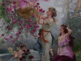 a picture of a painting of a woman and two children