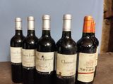 six bottles of red wine are lined up on a table
