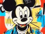 graffiti représentant Mickey Mouse vêtu d'une veste bleue et d'une chemise jaune