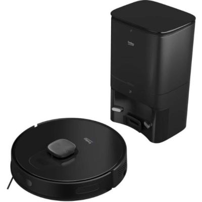 une image représentant un aspirateur robot noir et une poubelle noire