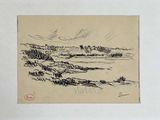 dessin d'un paysage avec des arbres et une rivière au premier plan