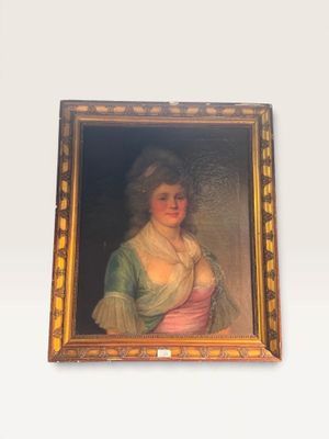 an old painting of a woman in a green and pink dress