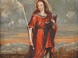 une image représentant un tableau où l'on voit une femme en robe rouge tenant un bâton
