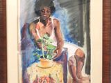 tableau représentant une femme assise sur une chaise avec une plante en pot