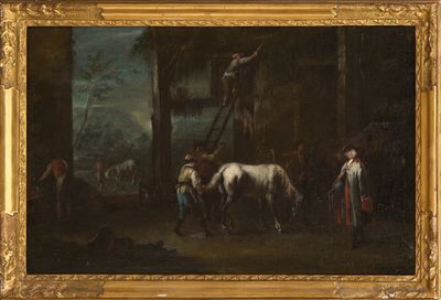 une image représentant un tableau d'un homme à cheval dans une écurie