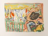 a painting of a man and a woman sitting on a bench