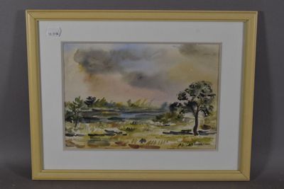 une aquarelle représentant un paysage avec des arbres et une rivière