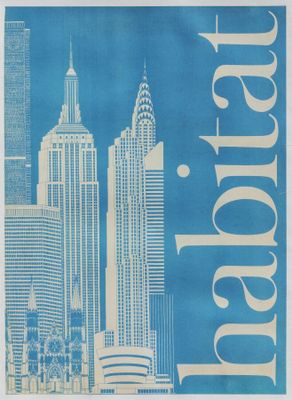 an image of a blue and white poster with a city skyline in the background