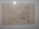 drawing of a group of people standing in front of a building