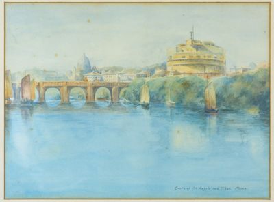 peinture représentant une peinture d'un pont enjambant un plan d'eau, avec un château en arrière-plan