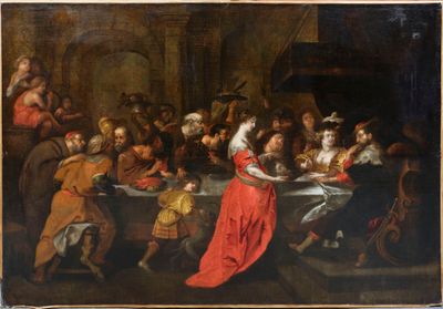 une peinture à l'huile représentant un groupe de personnes assises autour d'une table