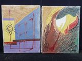 deux peintures représentant un oiseau et un soleil sur un fond noir