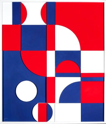 une peinture abstraite composée de formes rouges, blanches et bleues sur fond blanc
