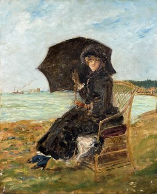 painting of a woman sitting on a bench with an umbrella