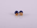 a pair of gold and blue earrings on a white background