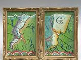 two framed paintings of birds and a bird on a green background