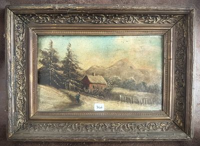 an oil painting of a farm scene with a red barn in the background