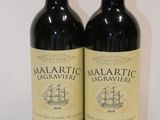 two bottles of wine sitting next to each other on a table
