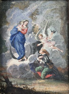 une image représentant un tableau où l'on voit un homme agenouillé à côté d'une femme