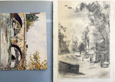 deux dessins représentant une rue et un banc dans un livre