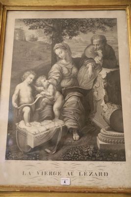 tableau représentant une famille avec un bébé dans un panier devant un arbre