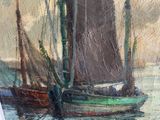a painting of a boat in the water with a sky in the background
