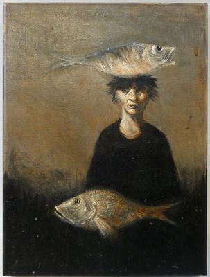 painting of a woman with a fish on her head in front of a painting of a fish