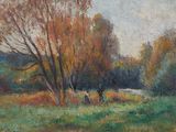 tableau représentant deux chevaux paissant dans un champ près d'un arbre
