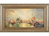 a painting of boats on the water with buildings in the background