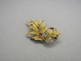 an image of a gold leaf brooch with a red bead