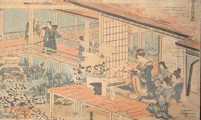 a picture of a painting of people in a japanese house