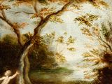 a painting of a man and a woman in a wooded setting