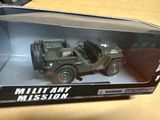 une jeep de l'armée miniature dans une boîte, posée sur une table en bois
