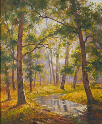 un tableau représentant un ruisseau qui traverse une forêt peuplée d'arbres