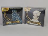 deux boîtes de cartes à collectionner Pokémon « Méga-Évolution » posées sur une surface blanche