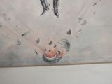 a painting on the wall of a bathroom with a man on a toilet