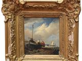 an oil painting of a boat in a body of water
