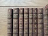 several old books are lined up in a row on a shelf