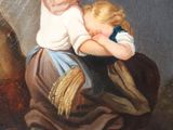 painting of a young girl sitting on a horse holding a baby