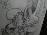 pencil drawing of a man and a woman kissing in front of a mirror