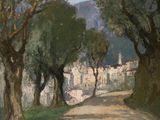 une image représentant une peinture d'une route avec des arbres et des bâtiments en arrière-plan