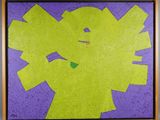 painting of a yellow and purple flower with a green leaf on a purple background