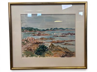 framed watercolor painting of a view of a beach with a sailboat in the distance