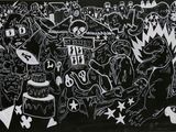 black and white drawing of a group of people in front of a blackboard