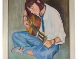 painting of a woman playing a guitar in a white shirt and blue pants