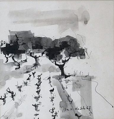 a black and white drawing of a tree in the middle of a field