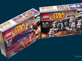 deux boîtes de kits Lego Star Wars sur un fond bleu