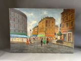 painting of a city street scene with people walking on the sidewalk