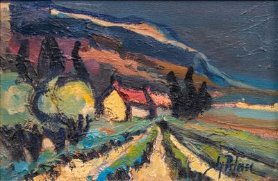 an oil painting of a country road with houses in the distance
